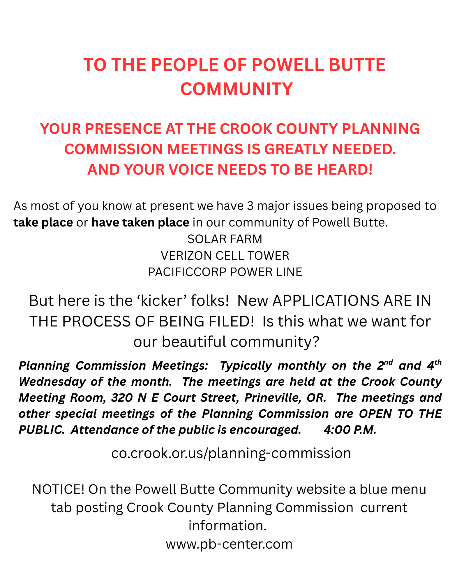 TO THE PEOPLE OF POWELL BUTTE COMMUNITY 1